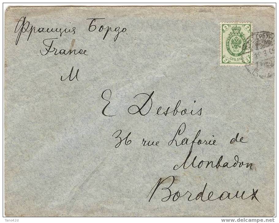 REF LBR 13 - RUSSIE 2 K SEUL SUR LETTRE POUR BORDEAUX 11/3/1909 - Storia Postale