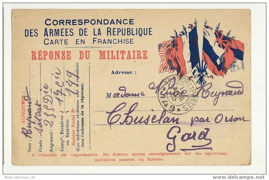 FRANCE - MARCOPHILIE - CORRESPONDANCE DES ARMEES DE LA REPUBLIQUE - Carte En Franchise - Réponse Du Militaire.(drapeaux) - Cartas & Documentos