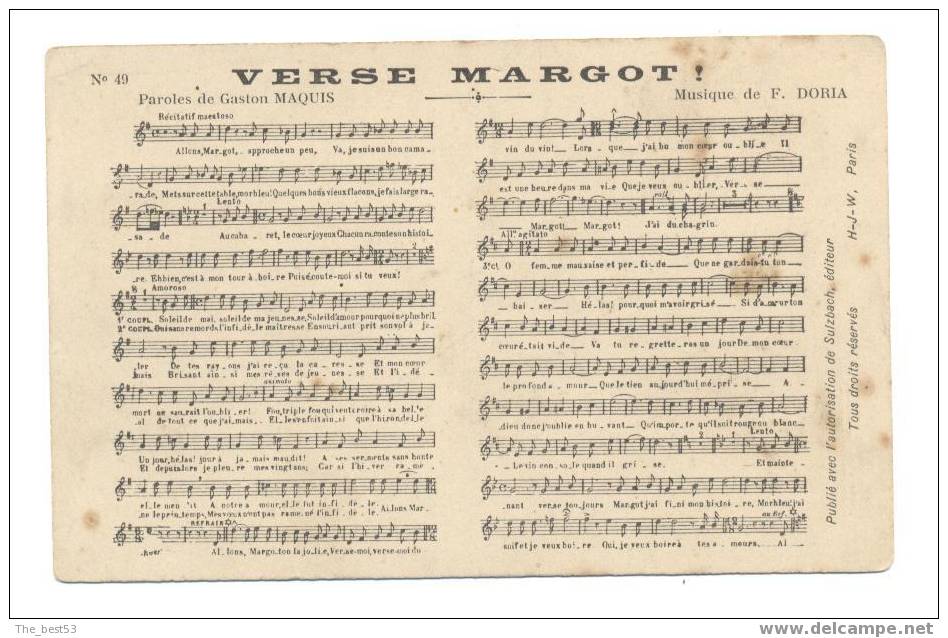 Carte Partition Et Paroles De Chanson  "Verse Margot" - Music And Musicians