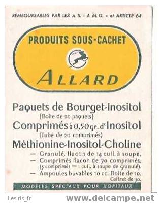 BUVARD - PETIT FORMAT - PRODUITS SOUS SACHET ALLARD - PAQUETS DE BOURGET INOSITOL - COMPRIMES D´INOSITOL - METHIONINE IN - Produits Pharmaceutiques