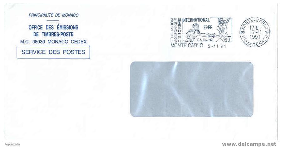 ENVELOPPE OBLITEREE SERVICE DES POSTES MONACO - MONTE-CARLO INTERNATIONAL EPEE - FEDERATION MONEGASQUE D´ ESCRIME 1991 - Schermen