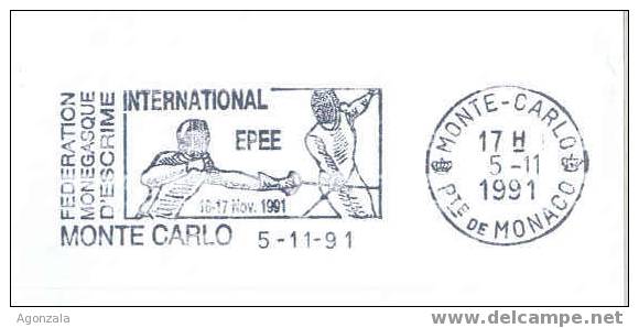 ENVELOPPE OBLITEREE SERVICE DES POSTES MONACO - MONTE-CARLO INTERNATIONAL EPEE - FEDERATION MONEGASQUE D´ ESCRIME 1991 - Fechten