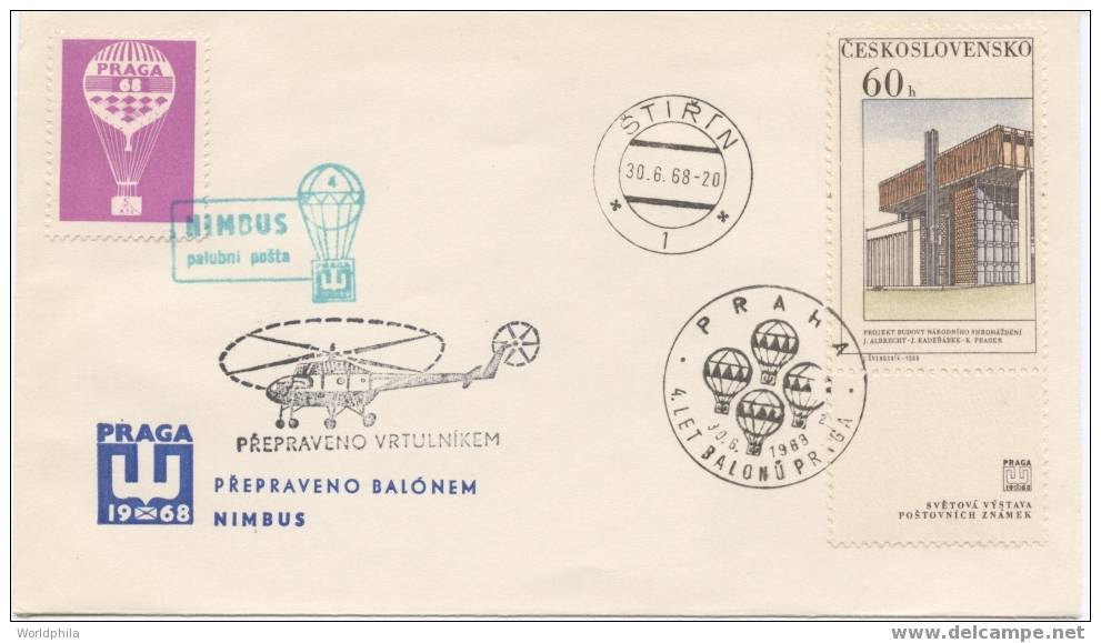 Helicopter And Ballon Flight Ceskoslovensco Cacheted Exhibition Cover 1968 - Helicopters