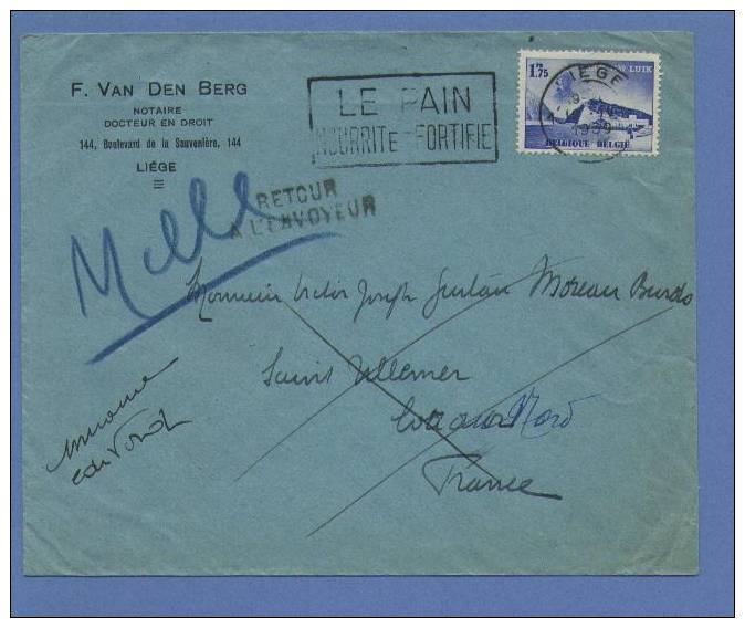 487 Op Brief Met Stempel LIEGE Naar "France", Stempel RETOUR A L'ENVOYEUR - Brieven En Documenten