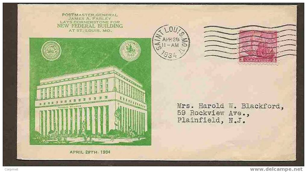 US - 1934 ST. LOUIS - NEW FEDERAL POSTMASTER BUILDING - COMM COVER - Event Covers