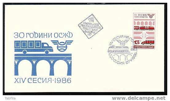 BULGARIA / BULGARIE - 1986 - 14 Sesion De L´OSID - Camion, Locomotive,pont - FDC - LKW