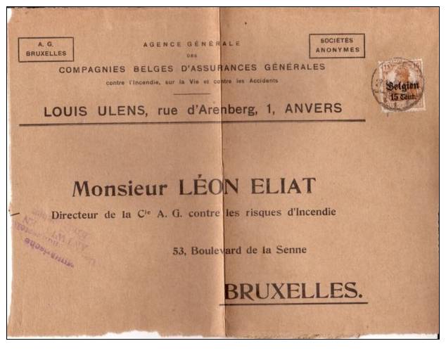 BELGIUM OCCUPATION USED COVER CANCELED BAR - OC1/25 Gouvernement Général