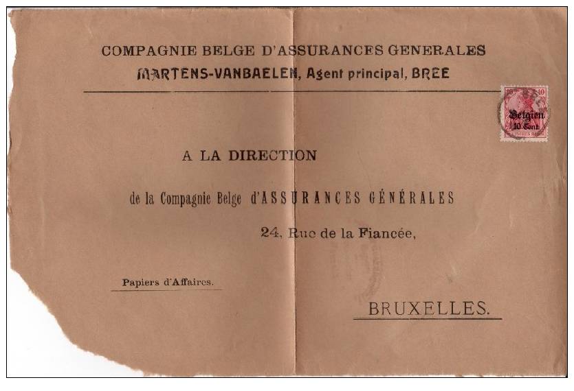 BELGIUM OCCUPATION USED COVER CANCELED BAR BREE - OC1/25 Gouvernement Général