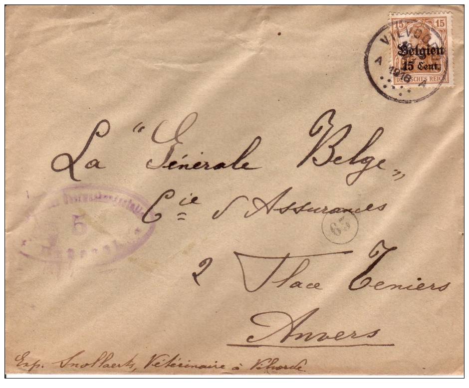 BELGIUM OCCUPATION USED COVER 1918 CANCELED BAR VILVOORDE - OC1/25 Gouvernement Général