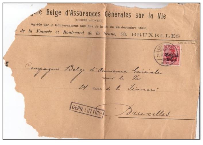 BELGIUM OCCUPATION USED COVER 1917 CANCELED BAR LUTTICH - OC1/25 Generaal Gouvernement