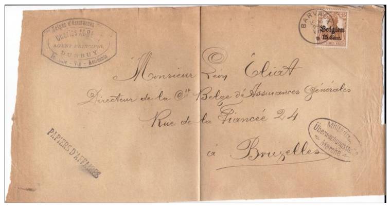 BELGIUM OCCUPATION USED COVER CANCELED BAR BARVAUX - OC1/25 Gouvernement Général