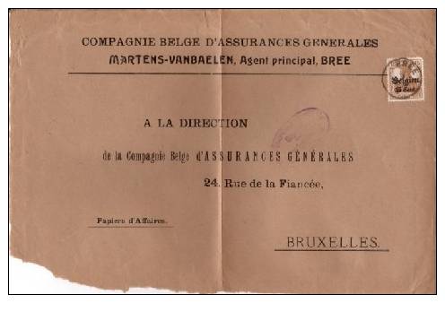 BELGIUM OCCUPATION USED COVER CANCELED BAR BREE - OC1/25 Gouvernement Général
