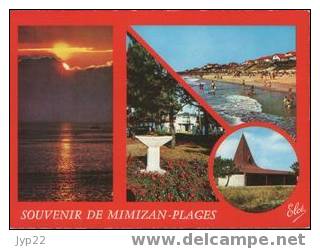 Jolie CP 40 Landes Souvenir De Mimizan Plages Multivue Coucher De Soleil L'heure Du Bain La Nouvelle église - écrite - Mimizan Plage