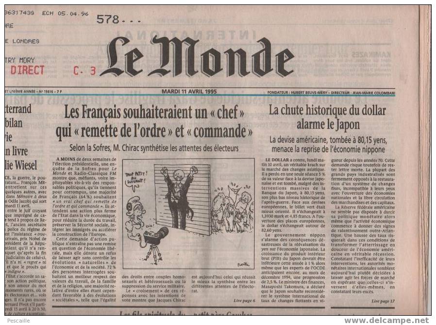 Le Monde 11 Avril 1995 - Elections Présidentielles - Mitterand - Chirac - Balladur - Le Pen - Jospin ... - Informations Générales