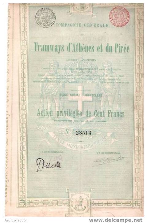 TITRE  . TRAMWAYS D´ATHENES ET DU PIREE - Ferrocarril & Tranvías