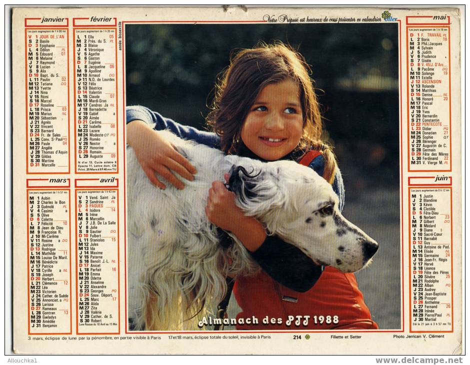 CALENDRIER ALMANACH  PTT GRAND FORMAT EN DOUBLE ANNEE 1988 FILLETTE & LAPIN /FILLETTE ET SETTER /CHIEN - Grand Format : 1981-90
