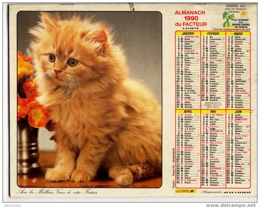 CALENDRIER ALMANACH  PTT GRAND FORMAT EN DOUBLE ANNEE 1990 FILLETTE ET CHATON /CHAT /CHATON - Grossformat : 1981-90