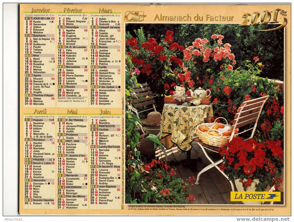 CALENDRIER ALMANACH DES PTT GRAND FORMAT ANNEE 2001 GERANIUM /SAUGE/IMPATIENCE/AGASTAGE / FLEURS ET PLANTES - Grand Format : 2001-...