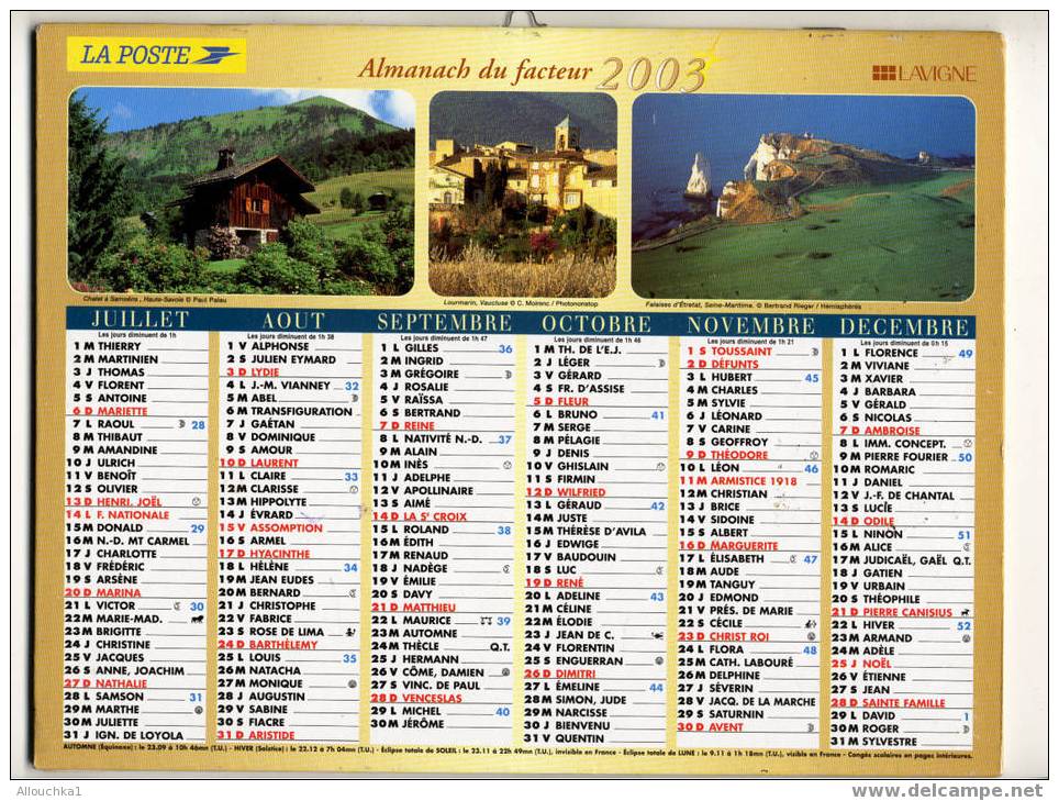 CALENDRIER ALMANACH  PTT GD FORMAT 2003 LABRADOR CHATON/CHIEN/CHALET à SAMOENS HTE SAVOIE/LOURMARIN 84 /ETRETAT SEINE MA - Tamaño Grande : 2001-...