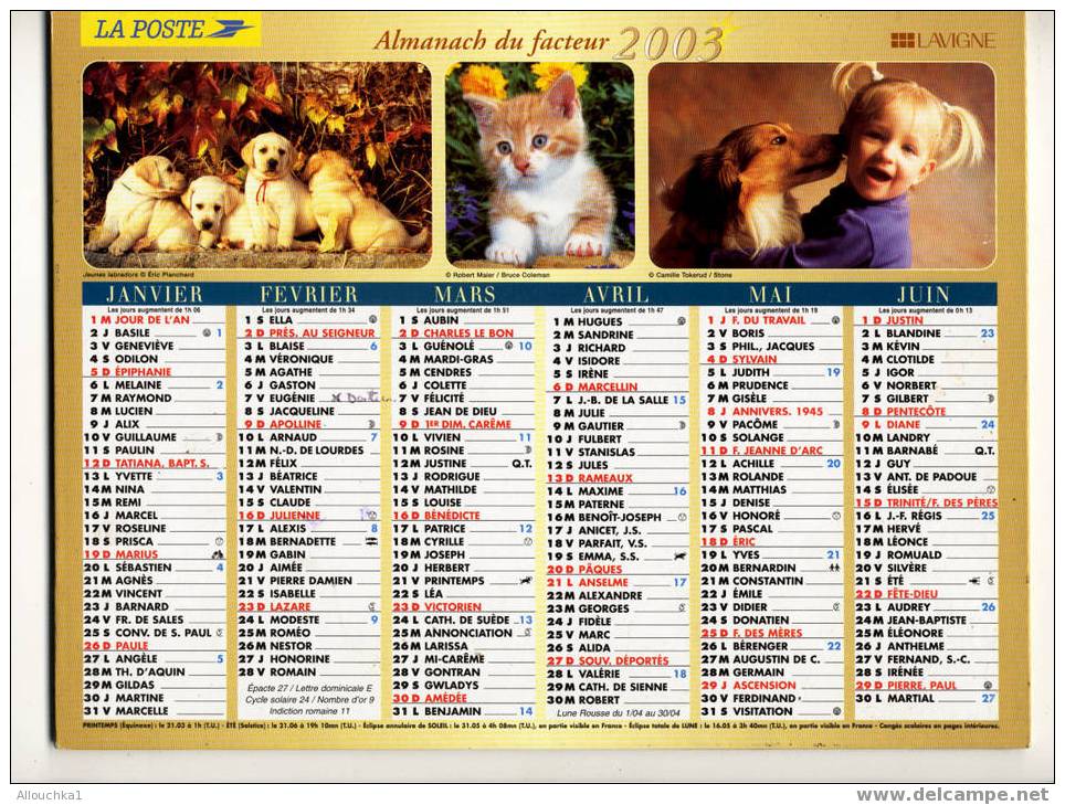 CALENDRIER ALMANACH  PTT GD FORMAT 2003 LABRADOR CHATON/CHIEN/CHALET à SAMOENS HTE SAVOIE/LOURMARIN 84 /ETRETAT SEINE MA - Tamaño Grande : 2001-...