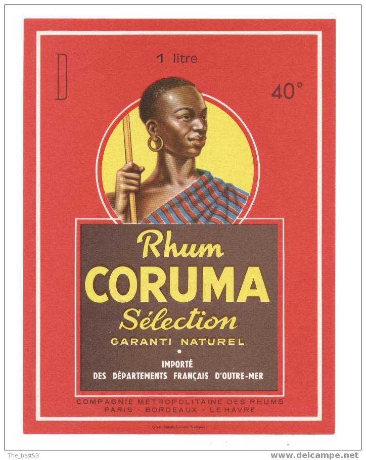 Etiquette  De  Rhum -  Coruma  -  Cie Métropolitaine Des Rhums Paris Bordeaux Le Havre - 10.3 X 13.9 Cm - Rhum