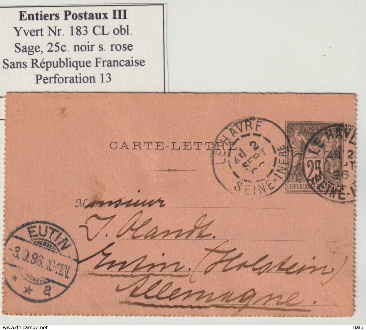 France Entier Postal Yvert No. 97-CL Type Sage 25c. Sans République Francaise. Perforation 13, Obl Le Havre Pour Eutin - Letter Cards