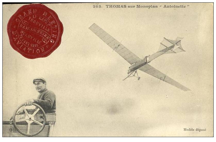 AVIATEUR THOMAS Sur MONOPLAN ANTOINETTE - Vignette Façon Cachet Rouge GRAND MEETING AVIATION  Baie De Seine 25 Août 1910 - Airmen, Fliers