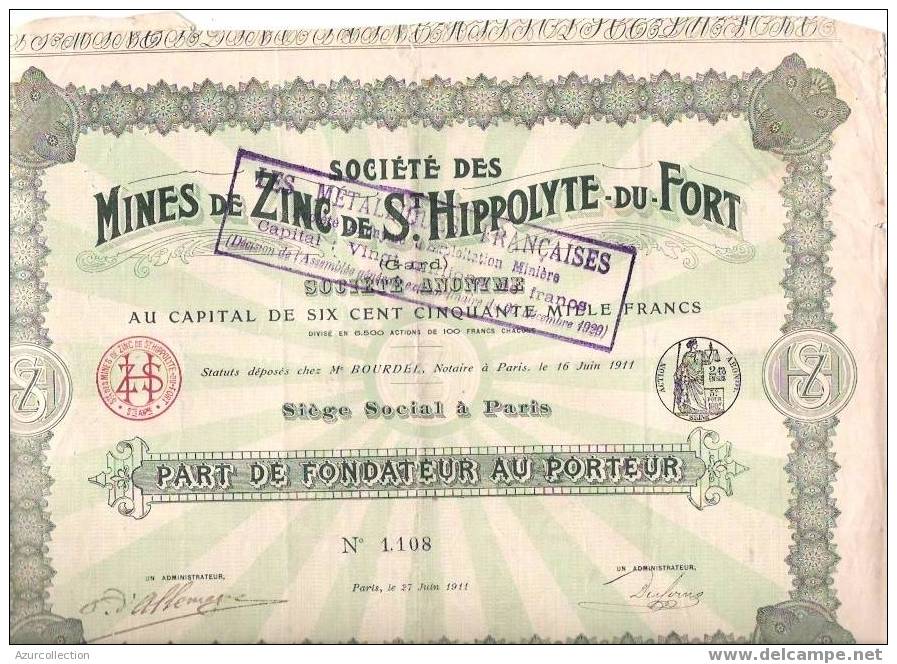 TITRE   .MINES DE ZINC DE ST HYPPOLYTE DU FORT .GARD .30 - Mines