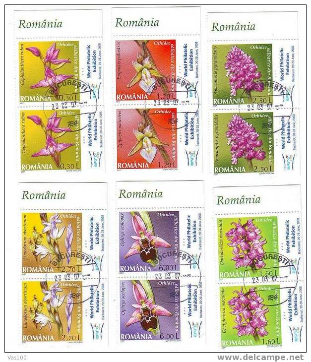 ROMANIA NEW 2007 ORCHID FULL SET IN PAIR STAMPS + TABS,WORLD PHILATELIC EXHIBITION FINE USED - Gebruikt