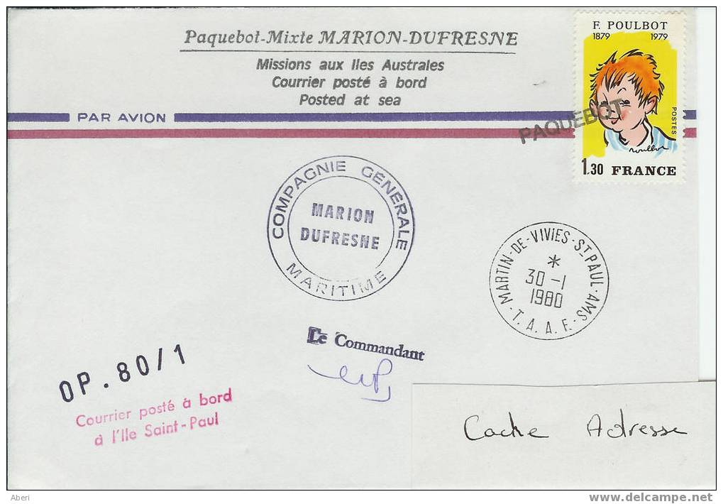 649 MARION DUFRESNE-Courrier Posté à L´ile St Paul-OP.80-1-St P&A-1980 - Covers & Documents