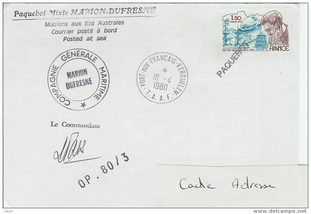 651 MARION DUFRESNE En Escale Au KERGUELEN-OP.80-3- 1980- PAQUEBOT - Lettres & Documents