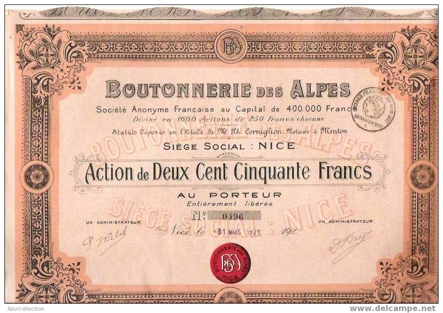 TITRE  BOUTONNERIE DES ALPES .NICE - Industrie