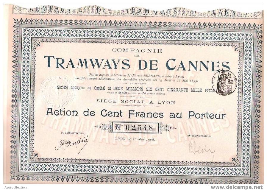 TITRE .TRAMWAYS DE CANNES .06 - Chemin De Fer & Tramway
