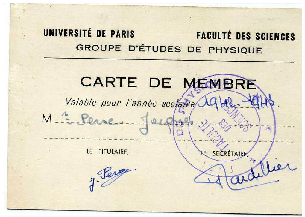 Carte D´étudiant De La Faculté Des Sciences 1942 - Colecciones
