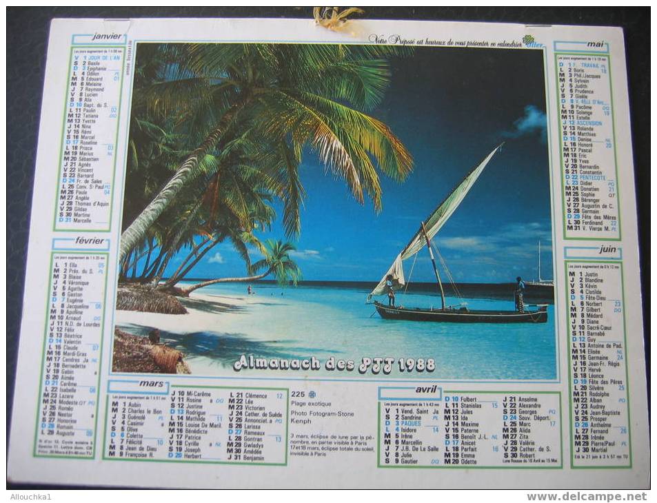 CALENDRIER GRAND FORMAT DOUBLE ALMANACH  PTT 1988 FEMME EXOTIQUE VAHINEE /PLAGE DE SABLE FIN DE REVE DANS ILE TAHITI - Groot Formaat: 1981-90