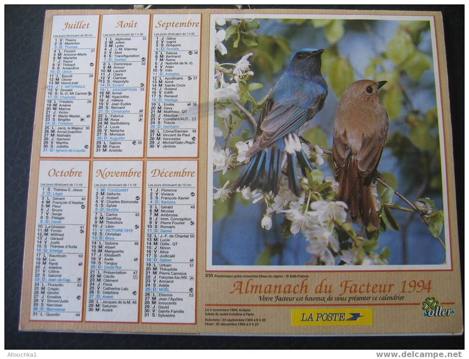 CALENDRIER GRAND FORMAT DOUBLE ALMANACH  PTT 1994 PASSEREAUX GOBE MOUCHES/ OISEAUX/ROUGE -GORGE - Big : 1991-00