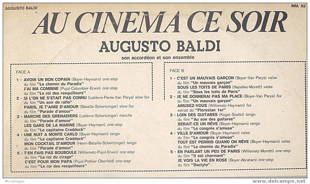 Au Cinéma Ce Soir. Augusto Baldi, Son Accordéon Et Son Ensemble - Musique De Films