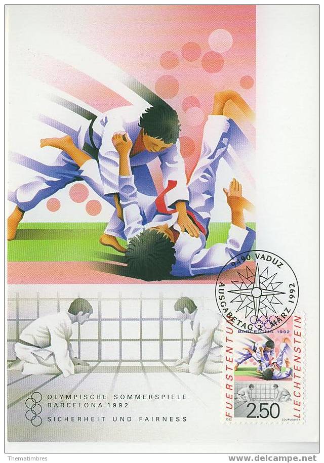 B1373 Judo Liechtenstein 1992 FDC Premier Jour Maximum Jeux Olympiques De Barcelone - Judo