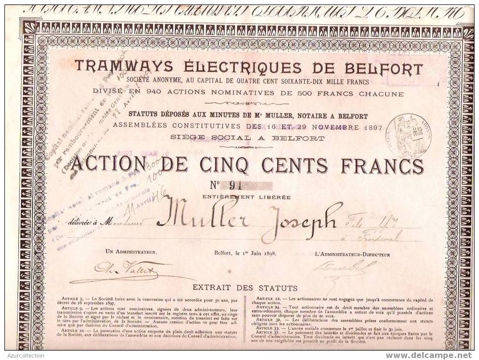 TITRE .TRAMWAY DE BELFORT .90 - Chemin De Fer & Tramway