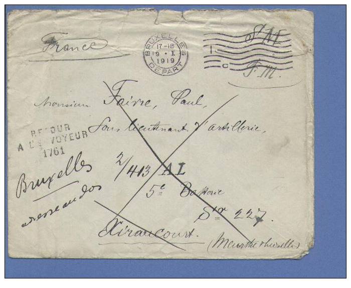 Brief Verzonden Van BRUSSEL Op 9/1/19 Naar "France" Met Stempel RETOUR A L'ENVOYEUR - Storia Postale