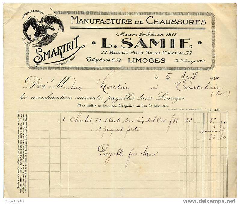 87 - HAUTE VIENNE - LIMOGES - MANUFACTURE De CHAUSSURES SMARTFIT - FACTURE L. SAMIE - EMBLEME AIGLE - Textile & Vestimentaire