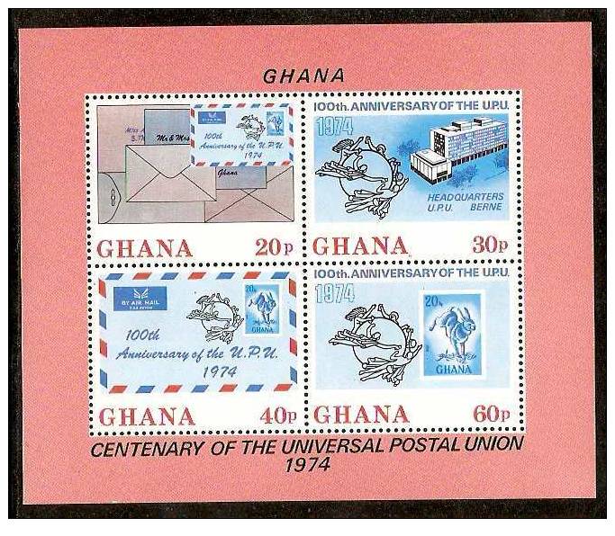 GHANA 1974 U.P.U CENTENERY, AIRMAIL LETTER, STAMP ON STAMP MNH** S/s #  7886 - U.P.U.