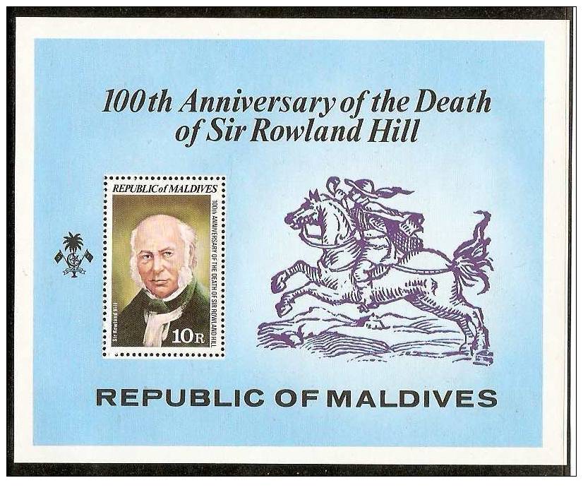 MALDIVE IS 1979 FAMOUS PEOPLE, ROLAND HILL, STAMP ON STAMP, MAIL HORSE RIDER MNH ** S/s # 7895 - Rowland Hill