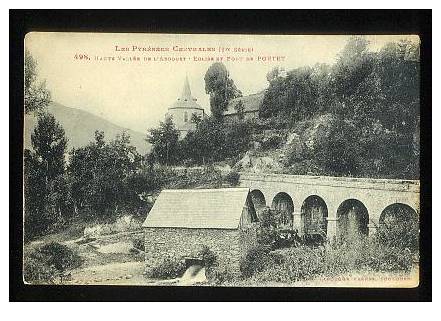 Cpa,Les Pyrénées Centrales, Haute Vallée De L´Arboust, église Et Pont De Portet,non  Voyagé - Autres & Non Classés