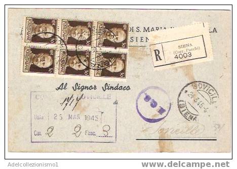 316)cartolina Raccomandata Con 6x30cen. Imperiale Senza Fasci Da Siena A Sovicille Il24-3-1945 - Marcophilie