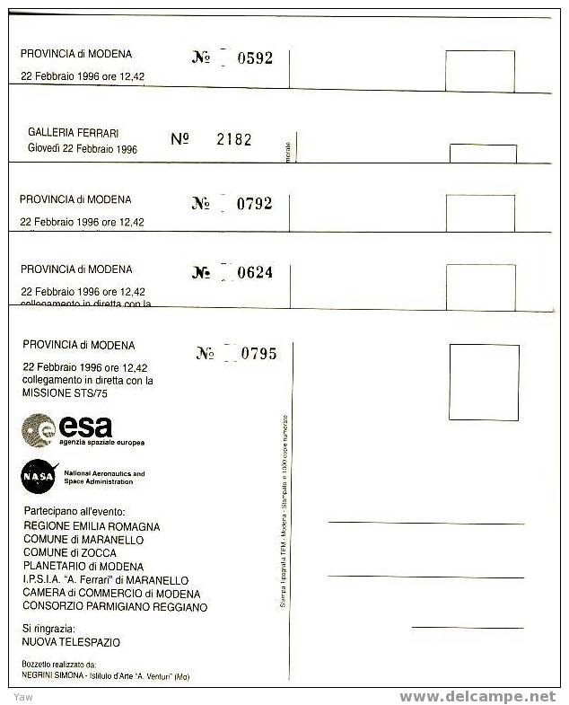 ITALIA 1996 SET COMPLETO 5 CP UFFICIALI:  MAURIZIO CHELI NELLO SPAZIO. ESA, NASA.  NUMERATE. TIRATURA LIMITATA - Space