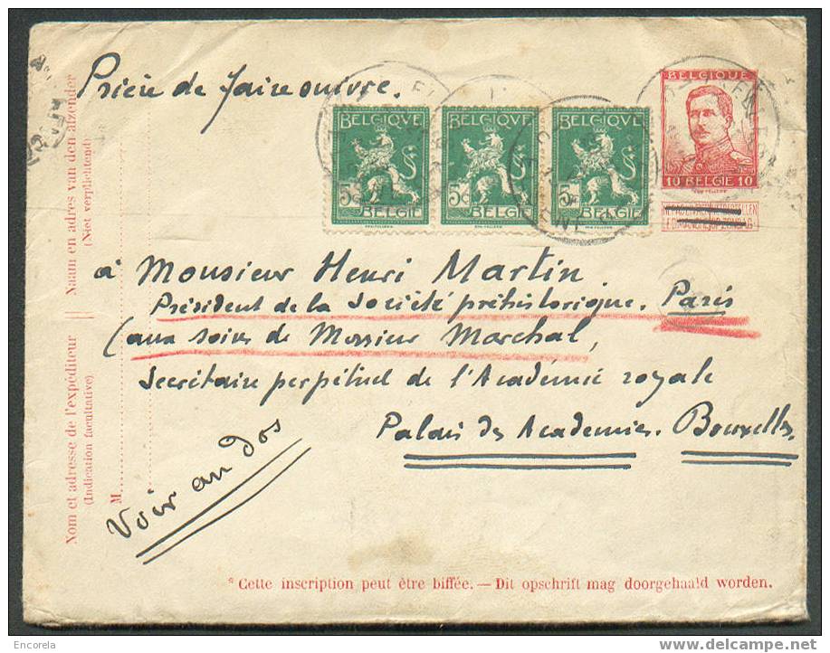 N°110(3) En Affr. Compl. S/E.P. Env. 10 C. Obl. Sc IXELLES 1 Du 2-V-1913 Vers Paris Et Réexp. Vers Bxl + Flamme GAND-TEN - 1912 Pellens