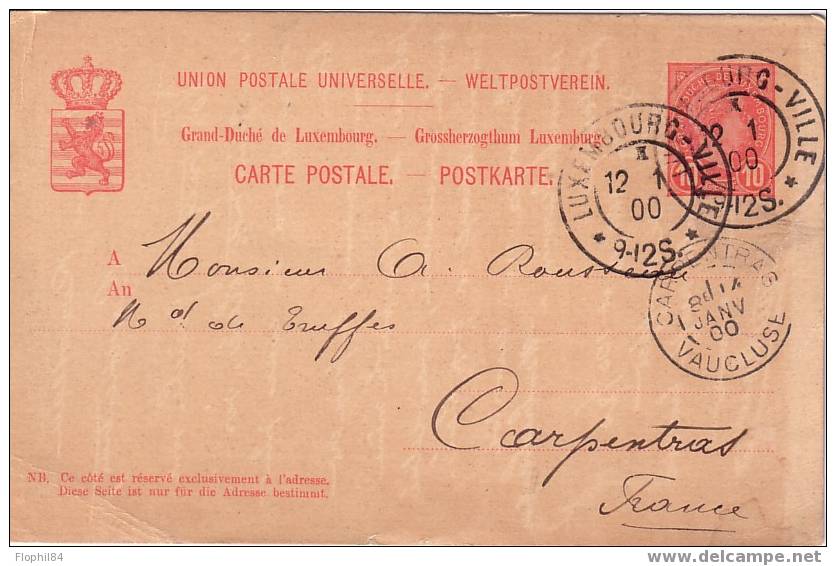 ENTIER POSTAL DU LUXEMBOURG GRAND CAD LUXEMBOURG VILLE - Stamped Stationery