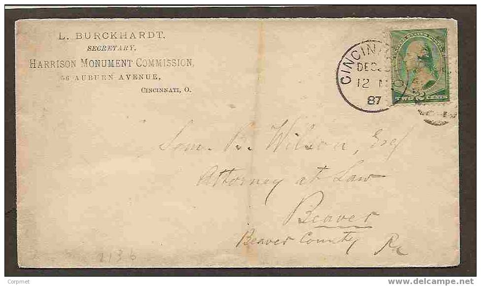 US - 1887 VF COVER - HARRISON MONUMENT COMMISSION - WASHINGTON 2c. From CINCINNATI  To BEAVER COUNTY - Covers & Documents