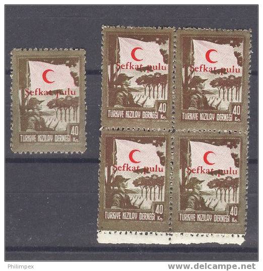 TURKEY, POSTAL TAX STAMP 40 KURUS 1949 SINGLE + BLOCK OF 4! - Timbres De Bienfaisance